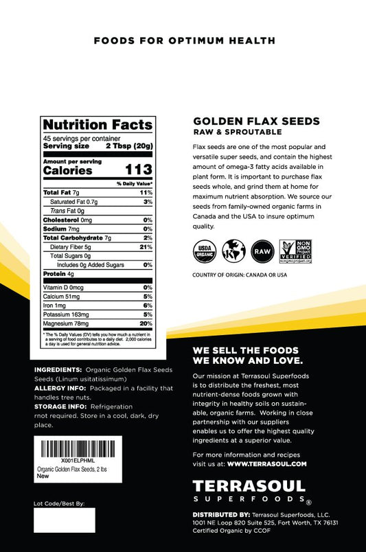 Terrasoul Superfoods Organic Golden Flax Seeds, 2 Lbs - Fiber | Protein | Omega Fats