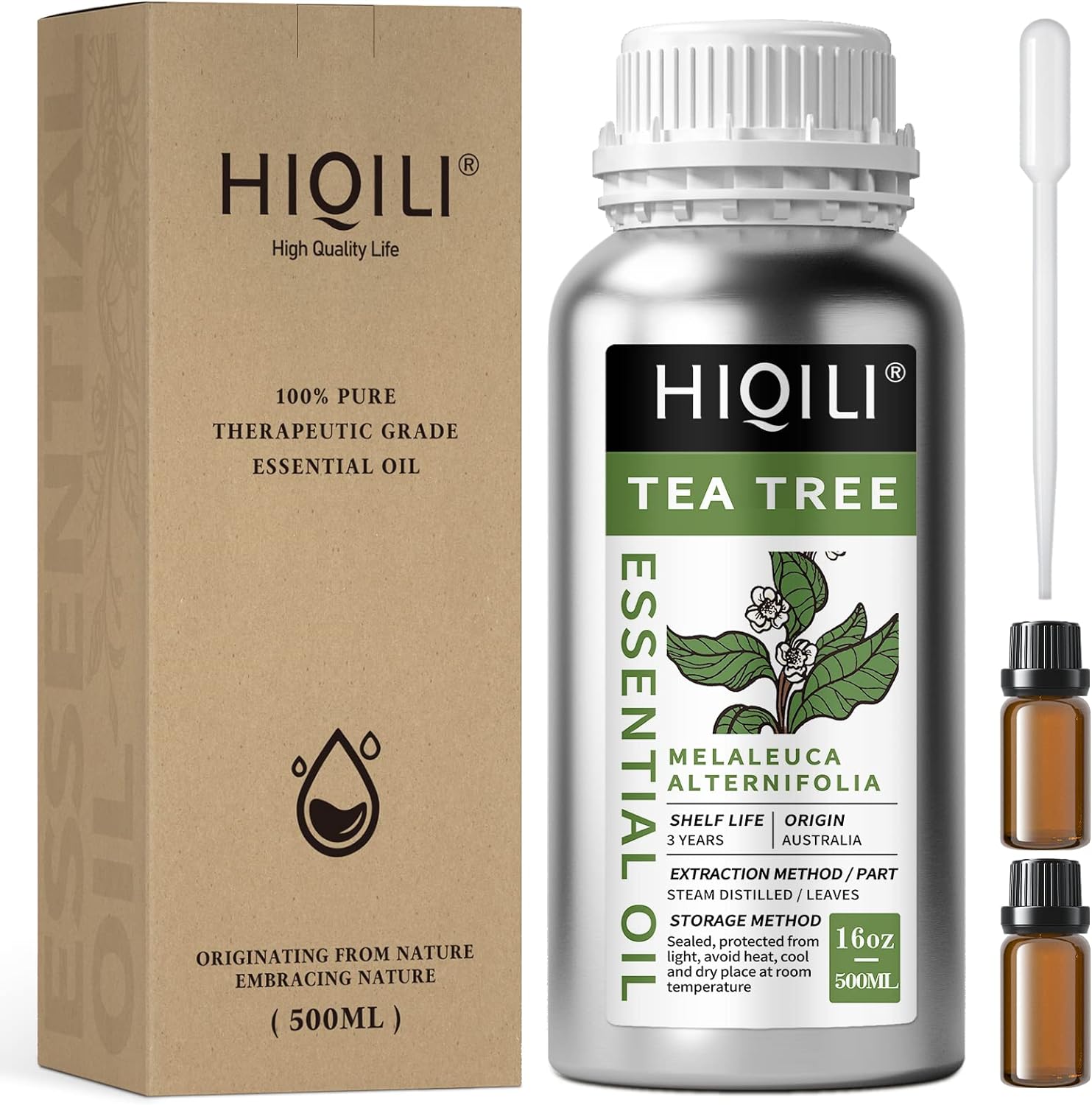 HIQILI 16 Fl Oz Tea Tree Oil, 100% Pure Natural Tea Tree Essential Oil for Skin, Hair, Toenail, Face - 500ML