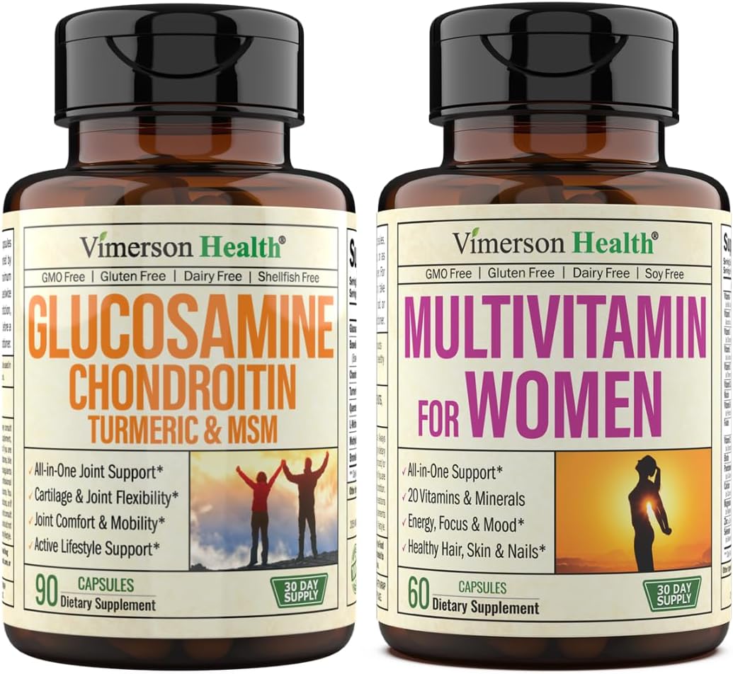 Vimerson Health Glucosamine Chondroitin Turmeric + Multivitamin for Women 2-Bottle Supplement Bundle for Her. Healthy Immune Response, Joint Support, Balanced Inflammation, Antioxidant Properties