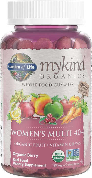 Garden Of Life Mykind Organics Women 40+ Gummy Vitamins - Berry - Certified Organic, Non-Gmo, Vegan, Kosher Complete Multi - Methyl B12, C & D3 - Gluten, Soy & Dairy Free, 120 Real Fruit Gummies