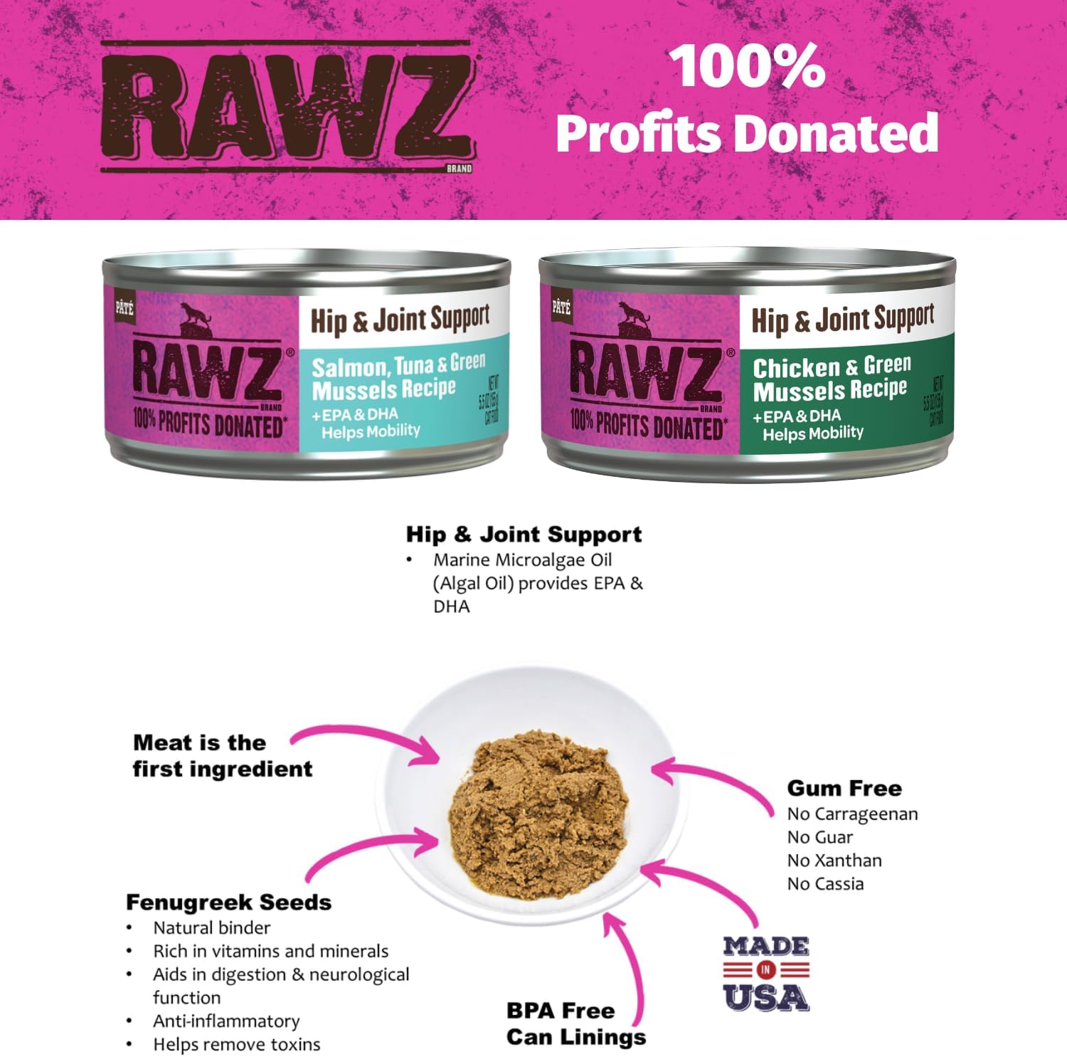 Rawz Natural Premium Pate Canned Food for Cats + EPA,DHA for Hip & Joint Support -12 Pack Cans Variety Flavor Bundle Pack -2 Flavors - (Salmon, Chicken) with Hotspot Pets Can Lid - (5.5 oz Cans) : Pet Supplies