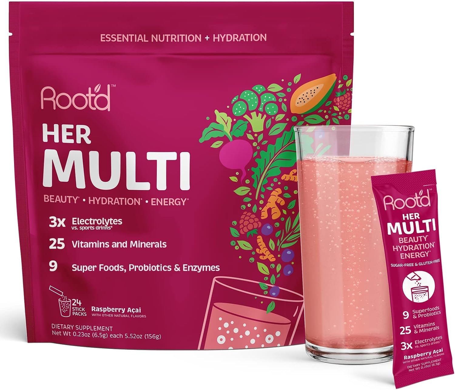 Root'D Multivitamin Powder With 3X Electrolytes For Women - 25 Vitamins & Minerals, 3X Electrolytes, 9 Organic Superfoods, Probiotics & Enzymes, Sugar-Free Multivitamin & Hydration | 24 Packets
