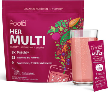 Root'D Multivitamin Powder With 3X Electrolytes For Women - 25 Vitamins & Minerals, 3X Electrolytes, 9 Organic Superfoods, Probiotics & Enzymes, Sugar-Free Multivitamin & Hydration | 24 Packets