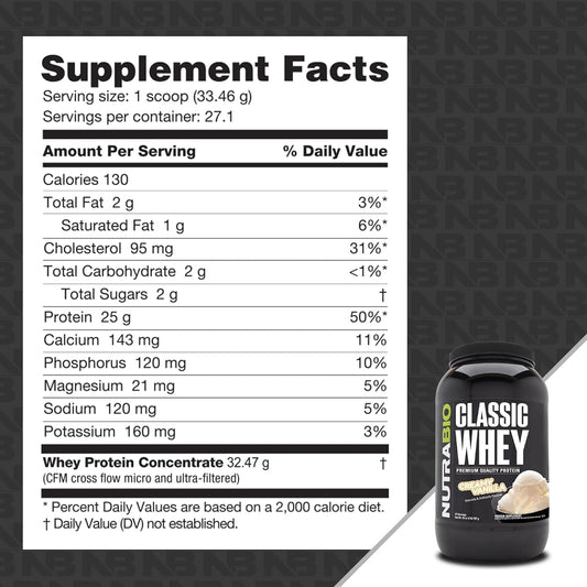 NutraBio Classic Whey Protein Powder- 25G of Protein Per Scoop - Full-Spectrum Amino Acid Profile - No Fillers, Artificial Colors, Preservatives - Low Glycemic Index - Creamy Vanilla, 2 Pounds