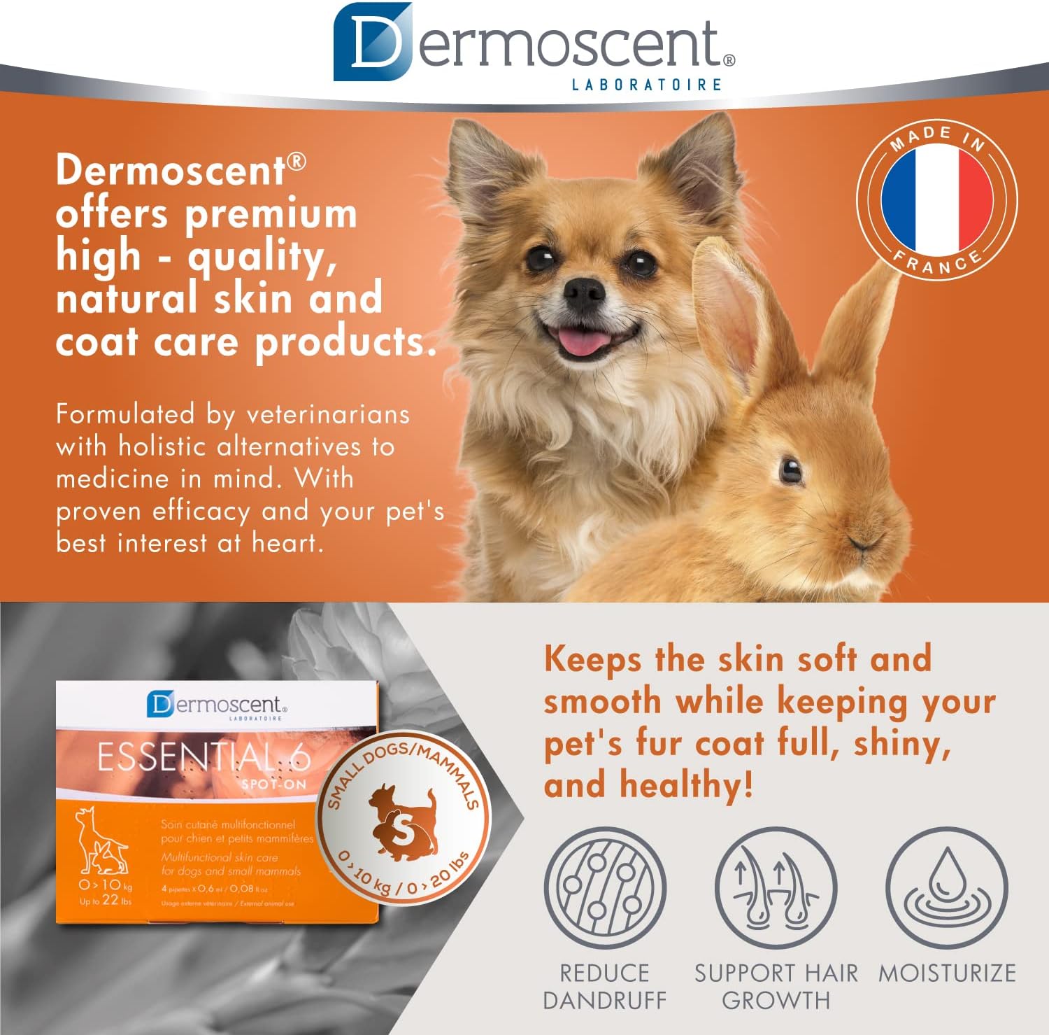 Dermoscent Essential 6 spot-on - Dog Skin Care for Dandruff & Allergy Relief with Vitamin E Oil - Anti Itch for Dogs - Dog & Small Mammals 0-10 kg - 4 Pipettes of 0.6 ml : Pet Health Care Supplies : Pet Supplies