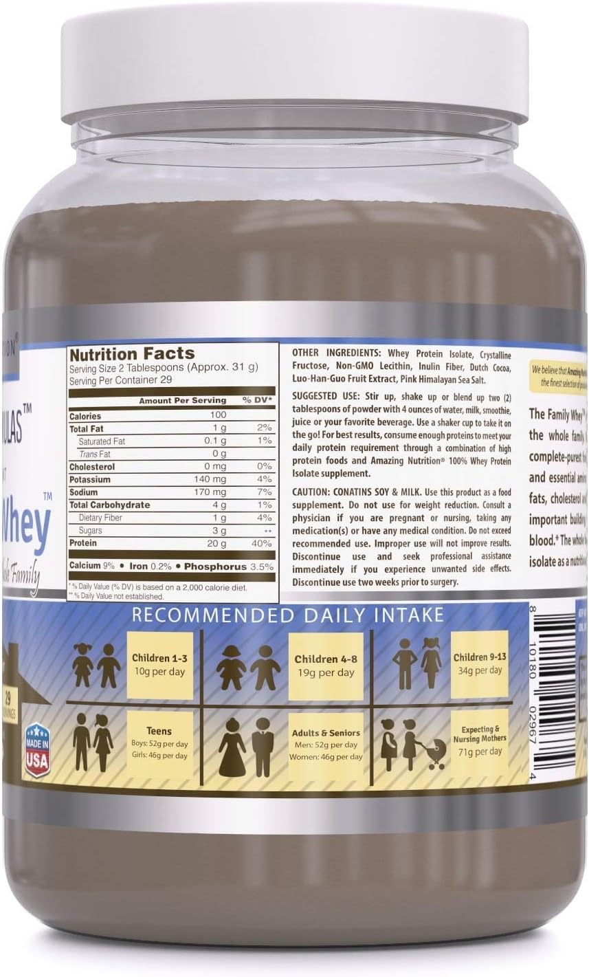 Amazing Formulas The Family Whey Protein (Isolate) Powder for The Whole Family - 2 s - Most Complete & Purest Form of Protein - Gluten Free (Chocolate)