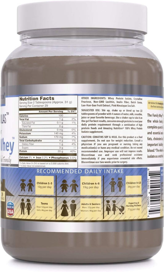 Amazing Formulas The Family Whey Protein (Isolate) Powder for The Whole Family - 2 s - Most Complete & Purest Form of Protein - Gluten Free (Chocolate)