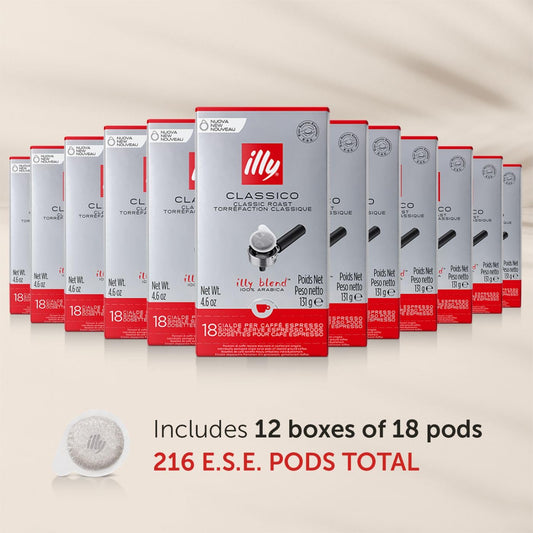 Illy E.S.E. Coffee - Single-Serve Coffee Capsules & Pods - Classico Medium Roast - Notes Of Chocolate & Caramel - For E.S.E Coffee Machines - Extraordinary Aroma & Body – 18 Count, 12 Pack