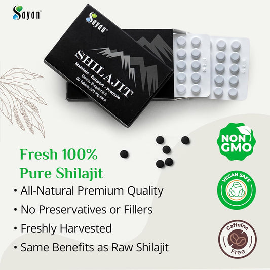 Sayan 100% Pure Shilajit Tablets,12,000Mg High-Potency Supplement, More Effective Than Resin & Capsules, 85+ Trace Minerals Sourced From 10,000Ft Lab-Tested For Purity. 60 Tablets - 1-2 Month Supply
