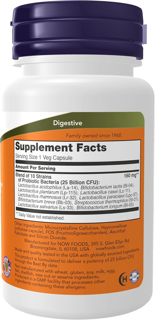 Now Foods Supplements, Probiotic-10™, 25 Billion, With 10 Probiotic Strains, Dairy, Soy And Gluten Free, Strain Verified, 30 Veg Capsules