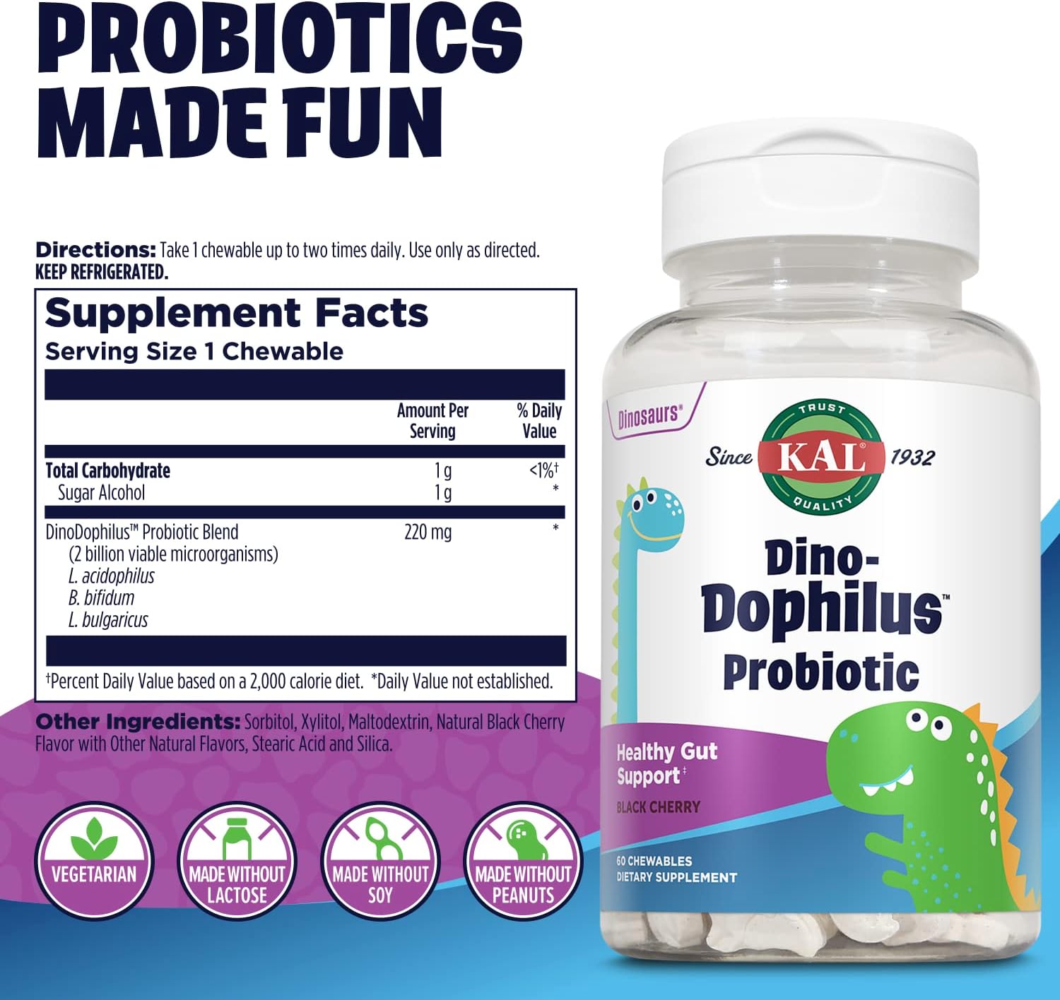 KAL DinoDophilus Probiotics for Kids, Kids Probiotic with 2 Billion CFU, Chewable Kids Probiotics with Natural Black Cherry avor for Gut Health and Digestion Support, 60 Servings, 60 Chewables