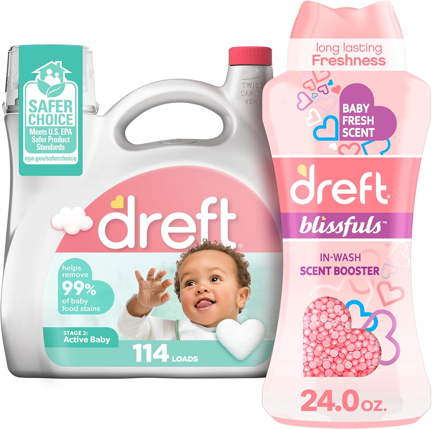 Bundle Of Dreft Stage 2: Active Baby Liquid Laundry Detergent 114 Loads 165 Fl Oz + Blissfuls In-Wash Scent Booster Beads, Baby Fresh Scent, 24 Oz