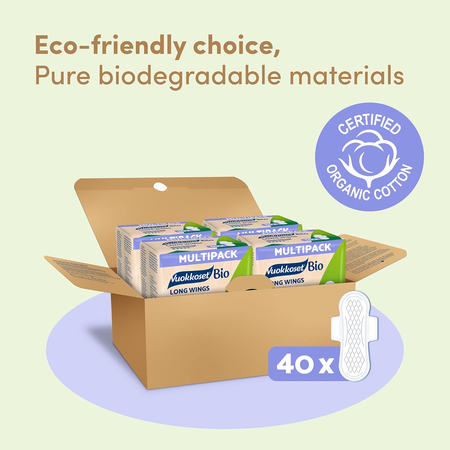 Vuokkoset Eco Long Wings - Biodegradable Thin 11.2 Inch Sanitary Towel Multipack 40 pcs for Sensitive Skin | Organic Cotton | Free of Dyes, Fragrances & Chlorine | Eco-Friendly, Absorbent Core | : Amazon.co.uk: Health & Personal Care