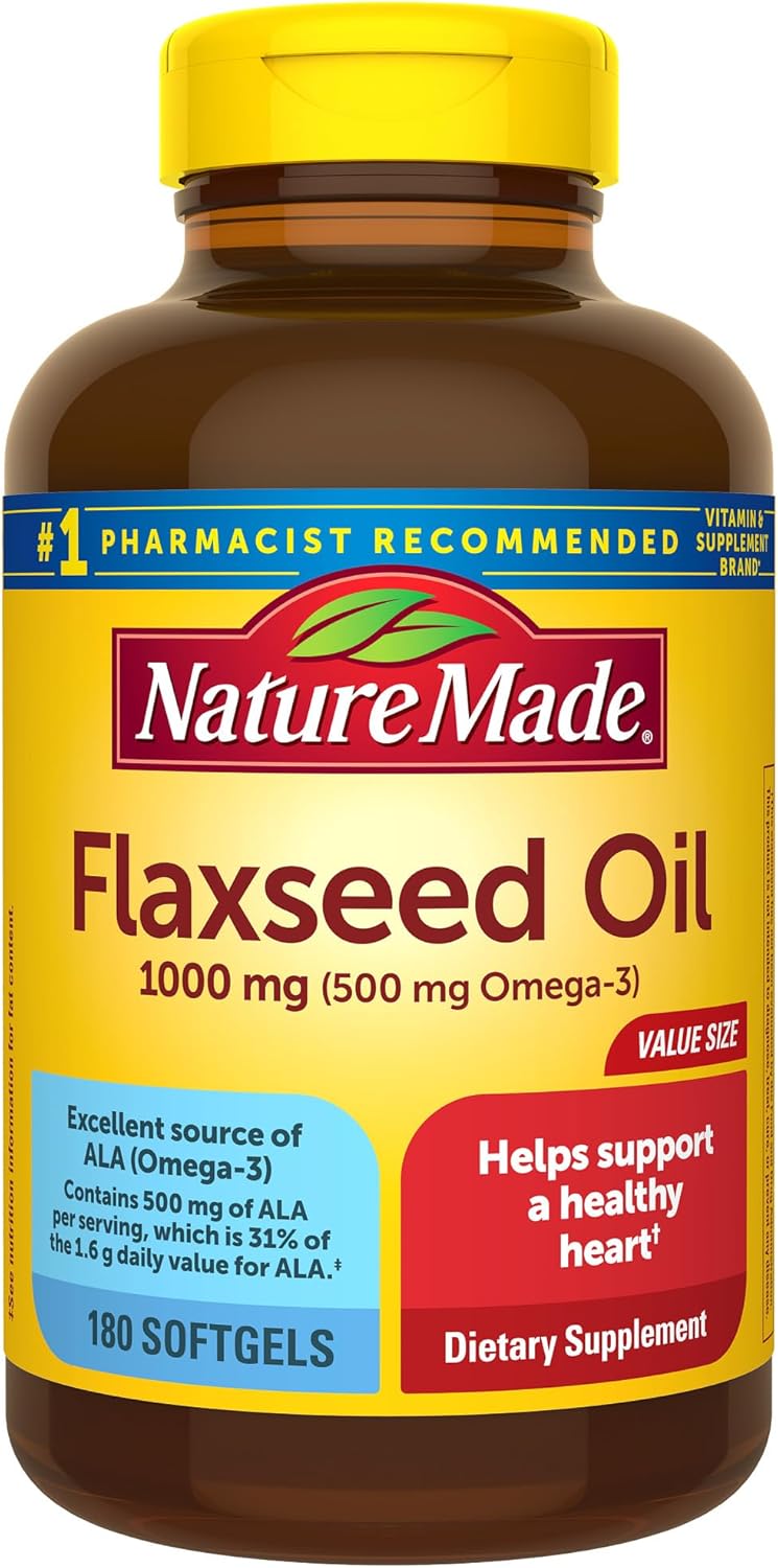 Nature Made Flaxseed Oil 1000 Mg, Fish Free Omega 3 Supplement, Dietary Supplement For Heart Health Support, 180 Softgels, 180 Day Supply