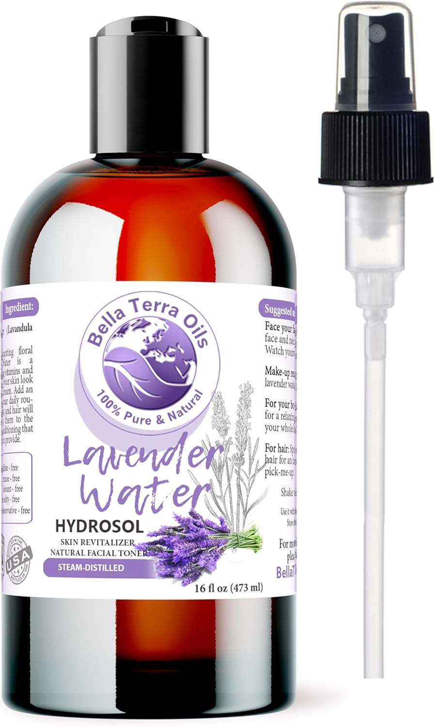 Bella Terra Oils - Hydrosol Water 16oz - Luxurious Lavender Organic Lavender Water, Packed with Essential Minerals & Amino Acids, Ultimate Skin Quencher