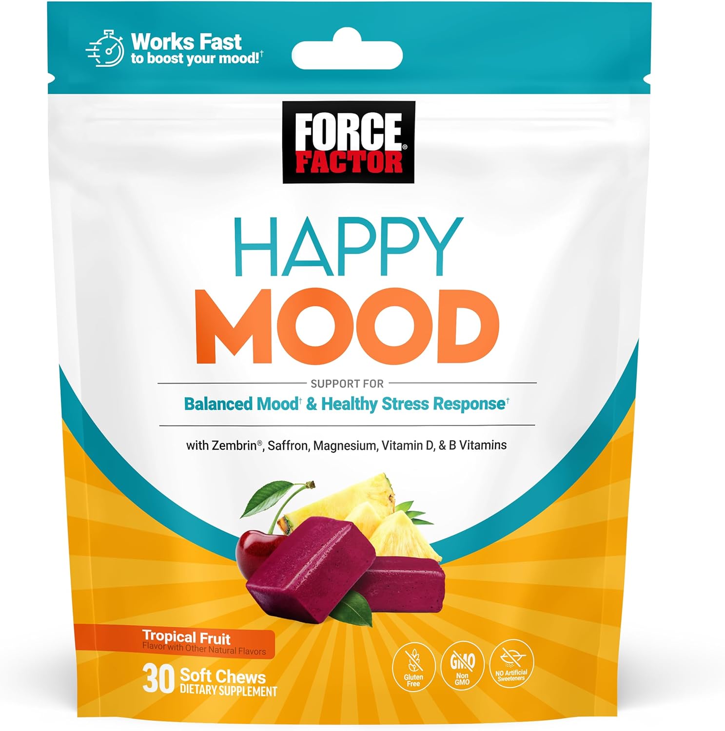 Force Factor Happy Mood, Mood Support And Mood Balance Supplement To Support Happiness, Positivity, And Stress, Made With Magnesium, Saffron, Zembrin, Non-Gmo, Tropical Fruit Flavor, 30 Soft Chews