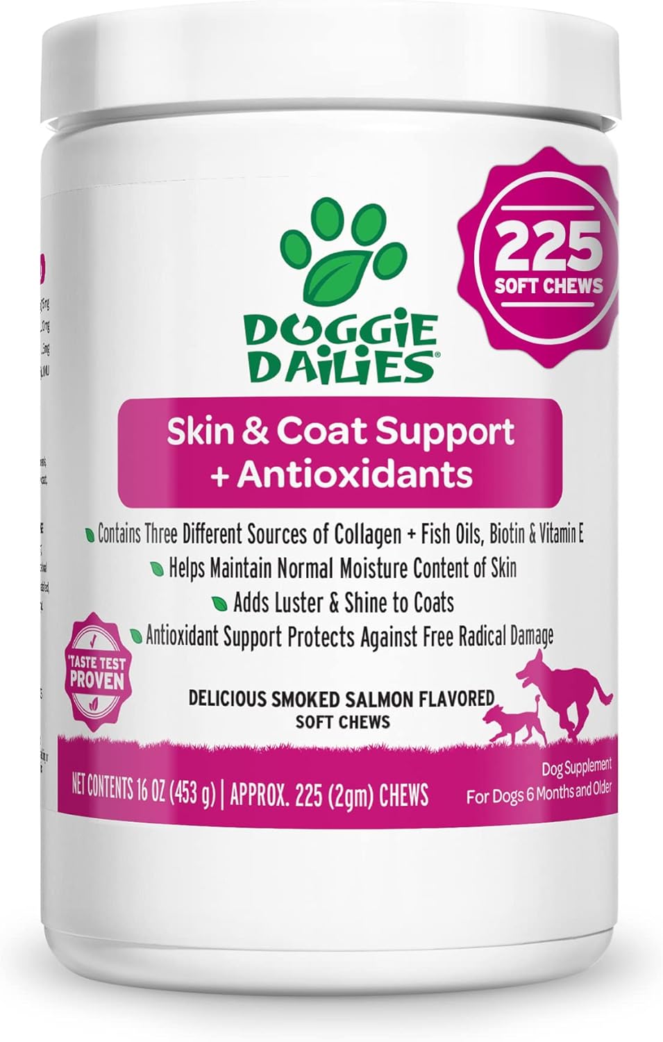 Doggie Dailies Skin & Coat Supplement + Antioxidant Support, 225 Soft Chews, Salmon Oil For Dogs Skin And Coat With Collagen, Omega 3, Krill Oil, Biotin, & Coconut Oil For Dogs (Salmon)