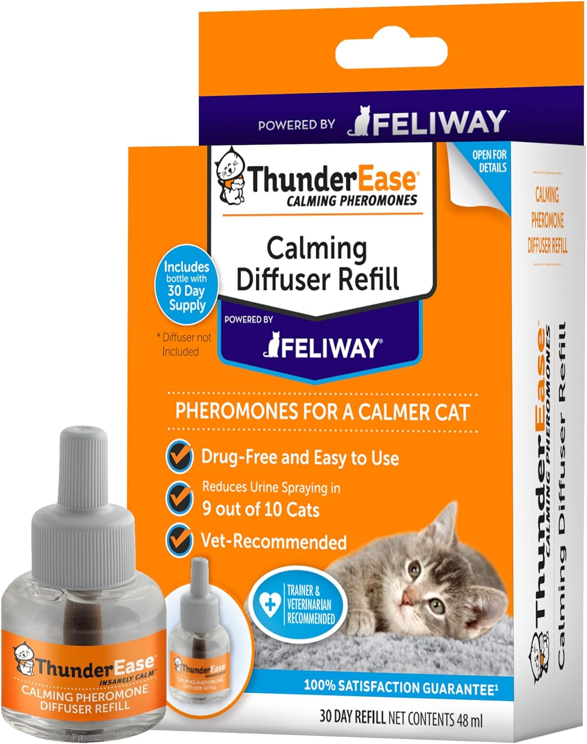 ThunderEase Cat Calming Pheromone Diffuser Refill | Powered by FELIWAY | Reduce Scratching, Urine Spraying, Marking, and Anxiety (30 Day Supply)