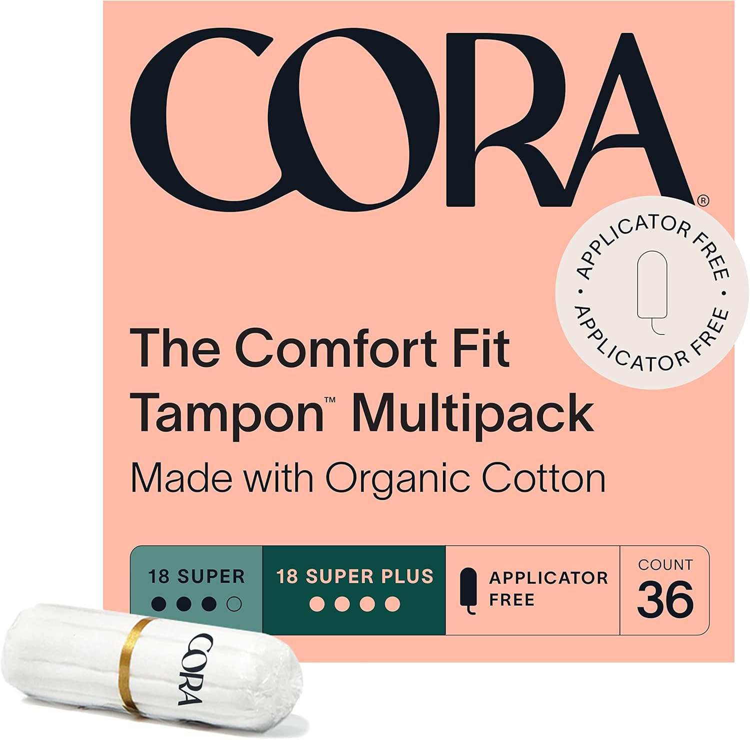 Cora 100% Organic Cotton Non-Applicator Tampons | Ultra-Absorbent, Unscented, Natural, Non-Toxic, Applicator Free | Eco-Conscious S/S+ (36 S/S+ Tampons)