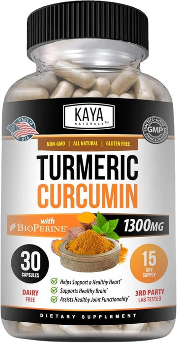 Kaya Naturals Turmeric Nature Made Bioperine, Joint Support With 95% Standardized Curcuminoids | Curcumin Nature Made - 1300Mg Turmeric Capsules | Turmeric Curcumin - 30 Capsules