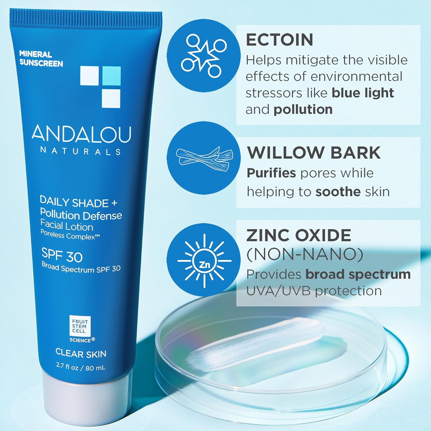 Andalou Naturals Daily Shade Face Sunscreen, Spf 30 Zinc Oxide Mineral Sunscreen, Sun + Pollution Defense Face Lotion, Helps Minimize Look Of Pores, Matte Finish & Lightweight - 2.7 Fl. Oz. : Beauty & Personal Care