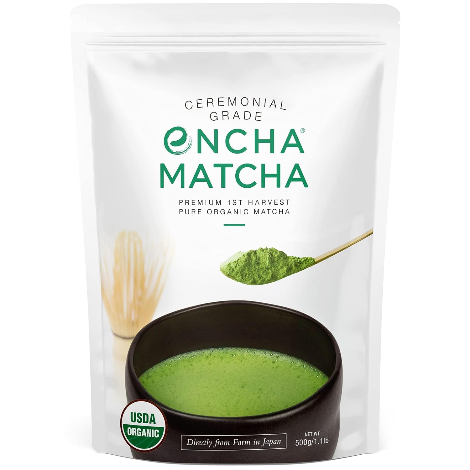 Encha Ceremonial Grade Organic Matcha Powder - First Harvest Organic Japanese Matcha Green Tea Powder, From Uji, Japan (Organic Ceremonial, 1 Pound (Pack Of 1))