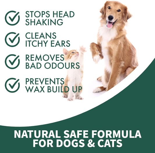 One Step Pet Ear Cleaner For Dogs & Cats 237Ml, 100% Natural Cleaning Solution Used To Stop Shaking Head, Itchy, Smelly Ears & Wax Removal, Organic Coconut Oil & Aloe Vera Leaf Juice Formula