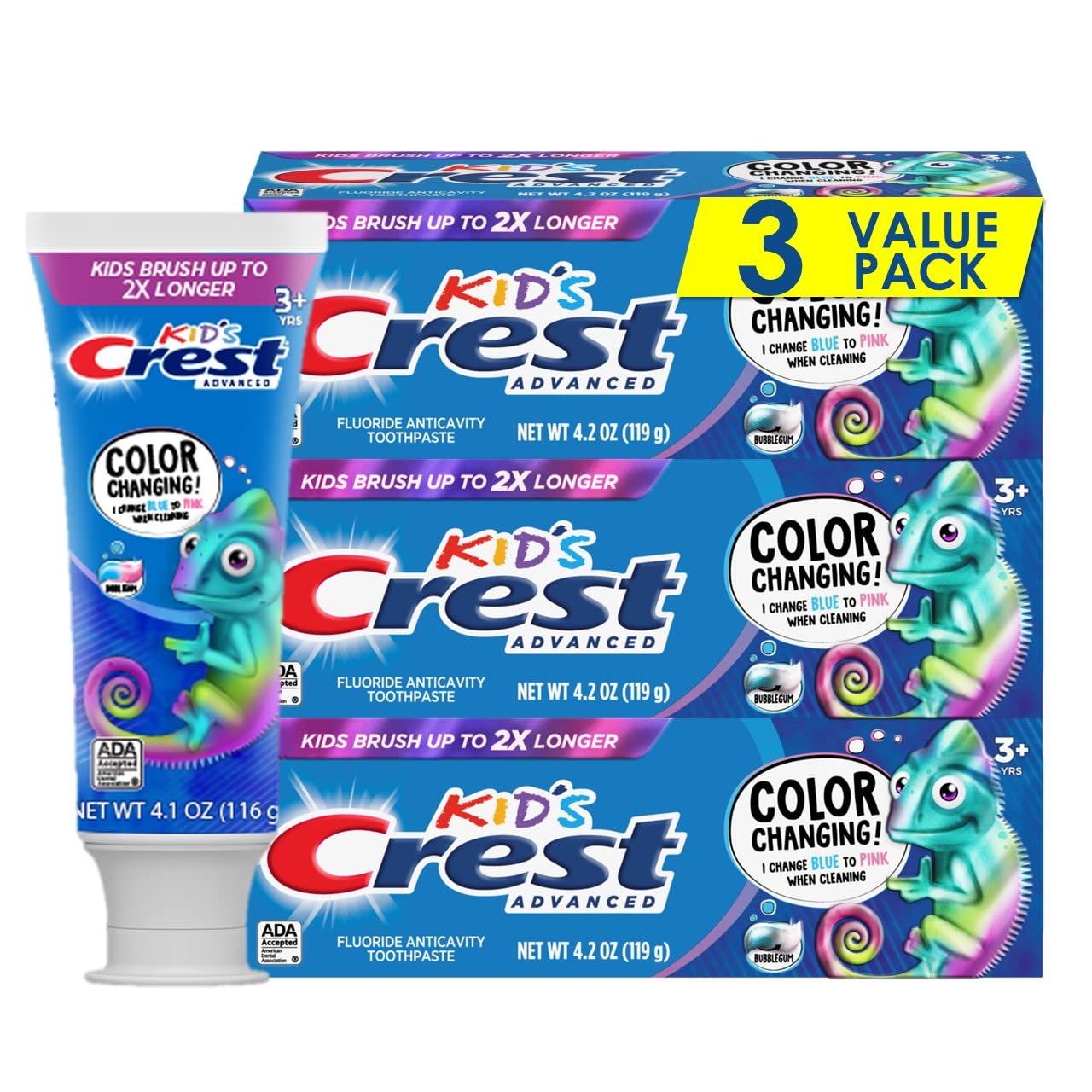 Crest Advanced Kid'S Fluoride Toothpaste, Bubblegum Flavor, 4.2 Oz, 3 Count, Color-Changing Anticavity Toothpaste