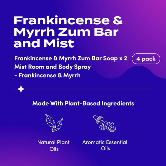 Indigo Wild Zum Bundle - Zum Bar Goat'S Milk Soaps & Zum Mist - Soap Bars & Room & Body Spray - Perfect For Self-Care - Frankincense & Myrrh Scent - 2 Soap Bars (3 Oz) & 1 Zum Mist (4 Fl Oz)