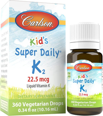Carlson - Kid's Super Daily K2, 22.5 mcg Liquid Vitamin K, Bone Health, K2 Vitamin, Vitamin K Supplement, Vitamin K-2 MK7, Unflavored, 360 Drops (10.16 mL)