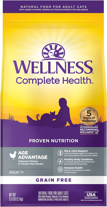 Wellness Complete Health Natural Grain-Free Age Advantage Senior Dry Cat Food, Deboned Chicken And Chicken Meal Recipe, 5 Pound Bag