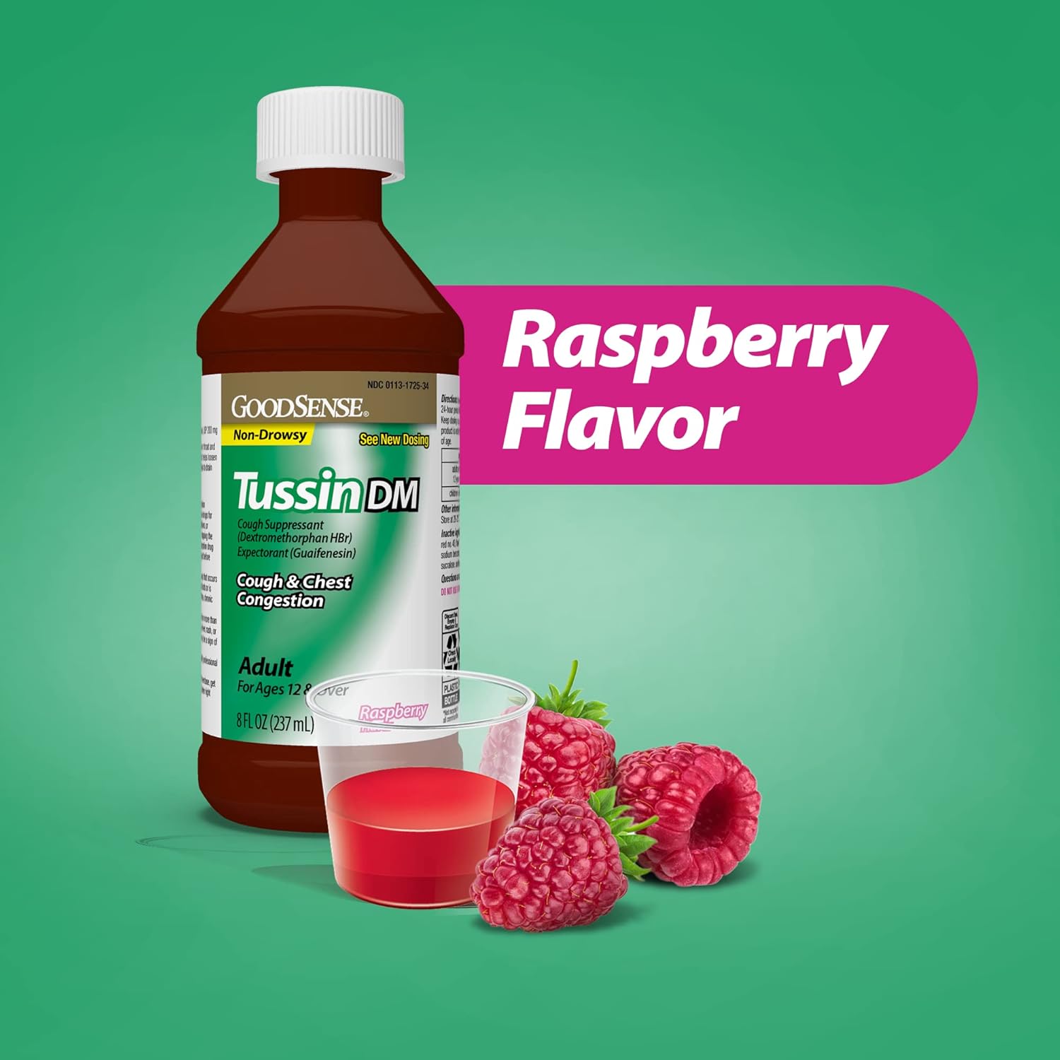 Goodsense Tussin Cough Syrup Dm, Raspberry Flavor, Effective Relief For Cough And Chest Congestion, Thins Mucus, 8 Fl Oz