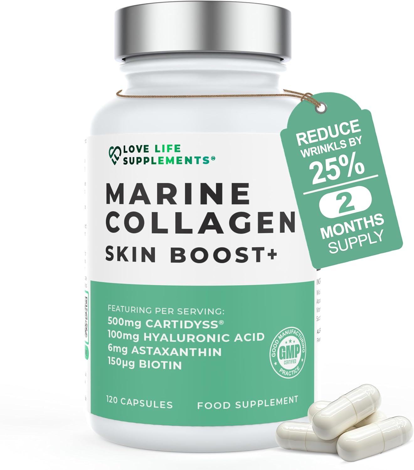 Wild-Caught Marine Collagen Complex Capsules With Hyaluronic Acid, 120 Capsules - 2 Month Supply, With Cartidyss® (Type Ii), Vitamin C, Vitamin E, Bamboo Stem Extract, Biotin - For Skin, Hair, Nails