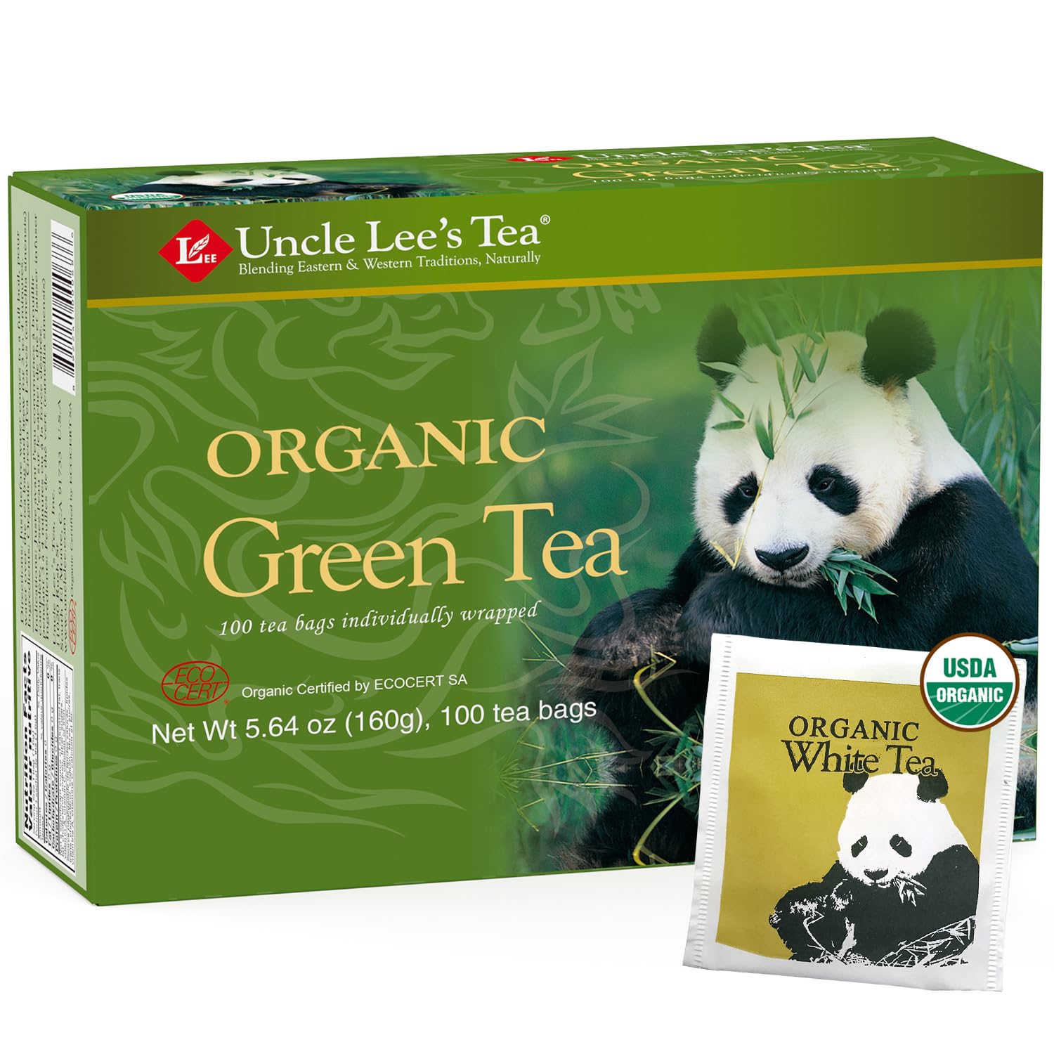 Uncle Lee'S Tea Organic Green Tea - Premium Tea For Everyday Wellness, Medium Caffeine, Antioxidant-Rich Green Tea Bags, Individually Wrapped, Includes A White Tea Bag 101 Count