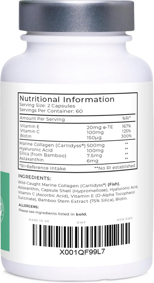 Wild-Caught Marine Collagen Complex Capsules With Hyaluronic Acid, 120 Capsules - 2 Month Supply, With Cartidyss® (Type Ii), Vitamin C, Vitamin E, Bamboo Stem Extract, Biotin - For Skin, Hair, Nails