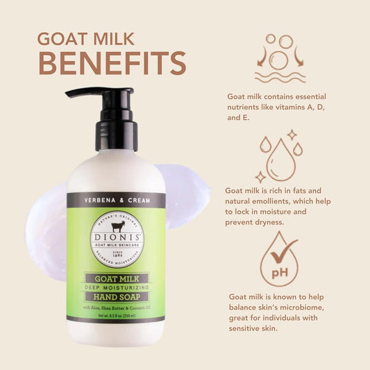 Dionis Goat Milk Skincare Verbena & Cream Scented Hand Soap - Skin Moisturizing & Hydrating Hand Wash -Rich & Creamy -Made In The Usa- Cruelty Free Formula For Sensitive Skin, 8.5Oz Bottle With A Pump