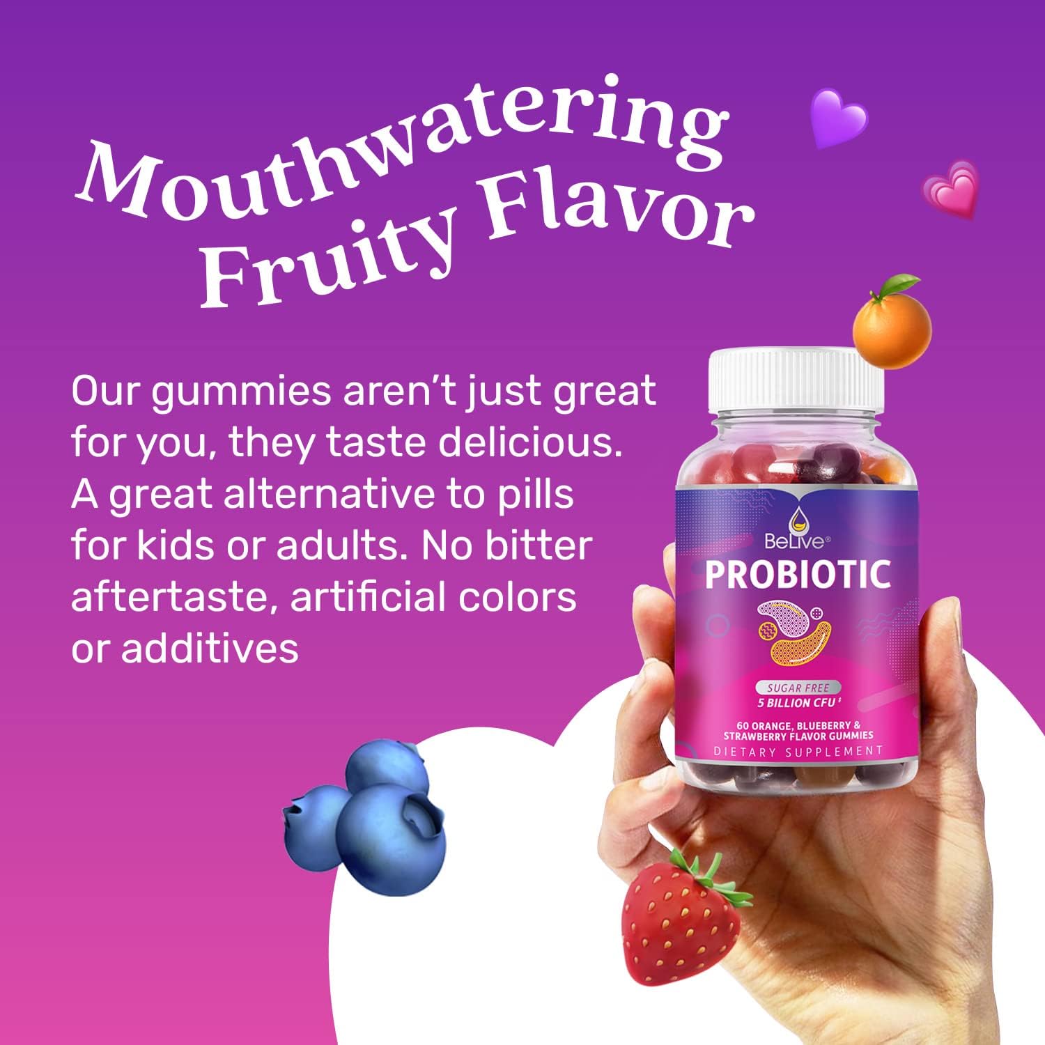 Belive Probiotic Gummies - Probiotics With 5 Billion Cfus For Digestive Health, Men, Women & Kids - For Immune Support, Sugar Free & Vegan | 60 Ct – Blueberry, Strawberry & Orange : Health & Household