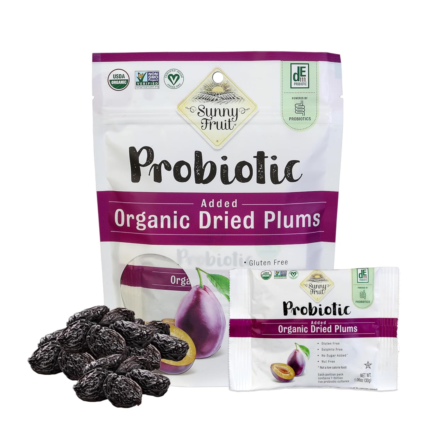 Sunny Fruit Organic Probiotic Prunes - 1 Bag (5 Individual Portion Packs) | Convenient Dried Plums Snack With Live Probiotics | Organic, Non-Gmo, Vegan, Kosher, Halal, No Preservatives, No Sugar Added