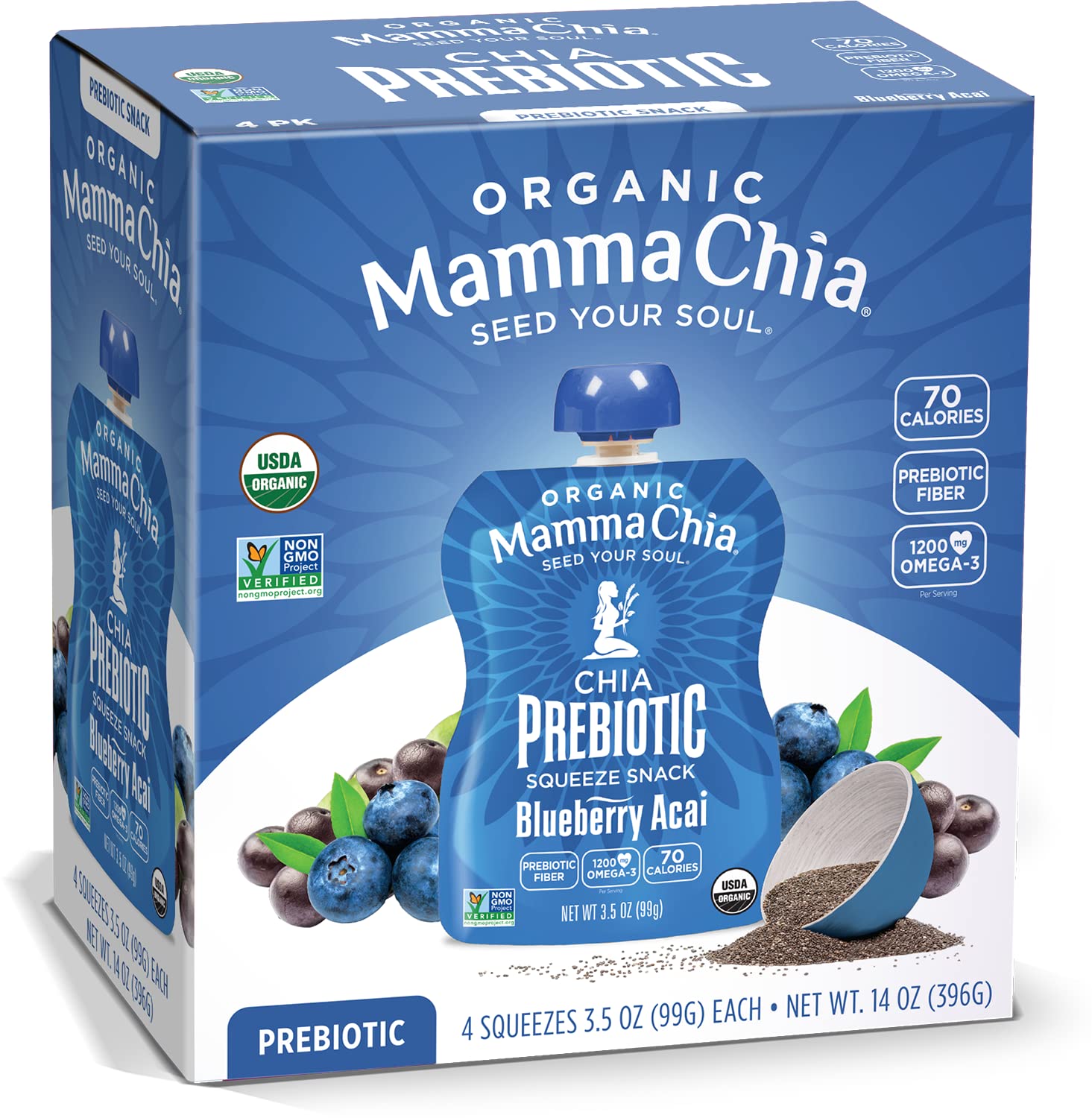 Mamma Chia Organic Prebiotic Squeeze Snack, Blueberry Acai, Fiber-Rich Prebiotic Gut Support,USDA Organic, Non-GMO, Vegan, Gluten Free, 3.5 Ounce (Pack of 24)