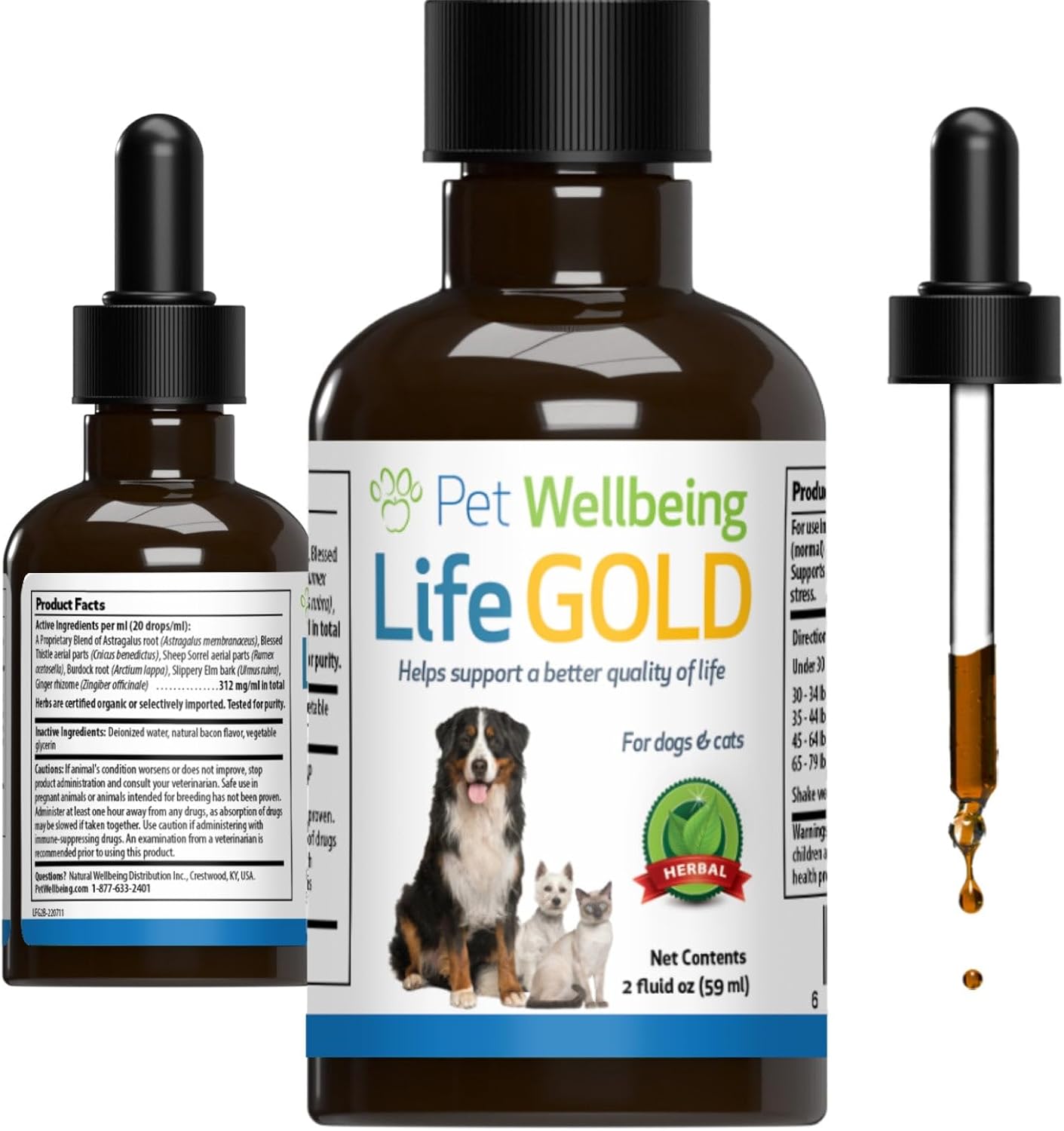 Pet Wellbeing Life Gold For Cats - Immune Support, Antioxidants, Detoxification, Cellular Health, Astragalus, Blessed Thistle, Sheep Sorrel - Veterinarian-Formulated Herbal Supplement 2 Oz (59 Ml)