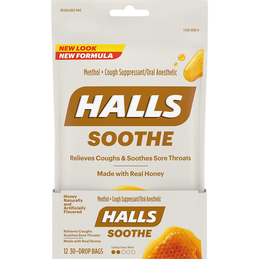 Halls Throat Soothing Honey Cough Drops, 12 Bags Of 30 Drops (360 Total Drops)