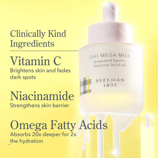 Beekman 1802 Oh Mega Milk Facial Oil - Hydrating Vitamin C & Niacinamide Serum - Repairs Skin Barrier - For Dry/Aging Skin - Fragrance Free & Sensitive Safe