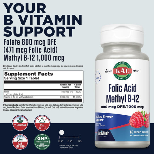 Kal 800 Mcg Folic Acid Methyl B-12 Tablets, Raspberry, 60 Count