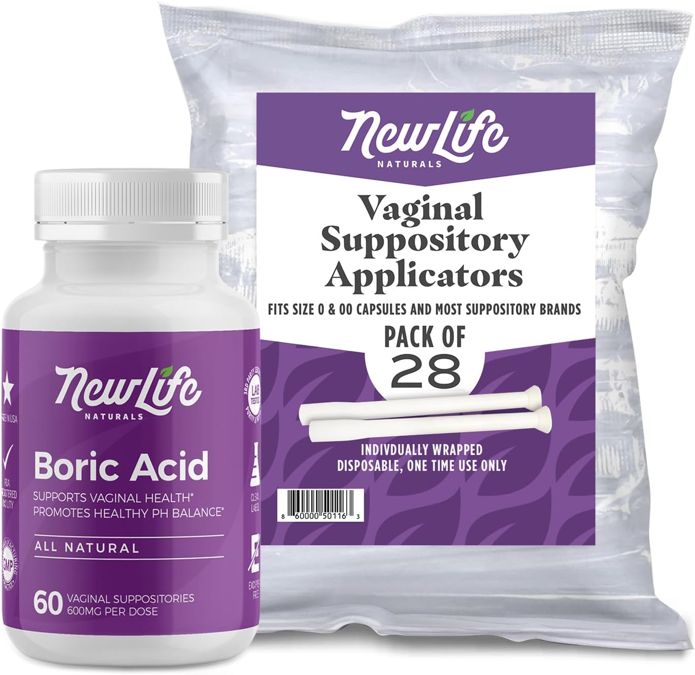 Newlife Naturals Boric Acid Vaginal Suppositories 600Mg (60 Pack) With 28 Applicators - For Ph Balance, Feminine Health And Intimate Wellness - Made In Usa