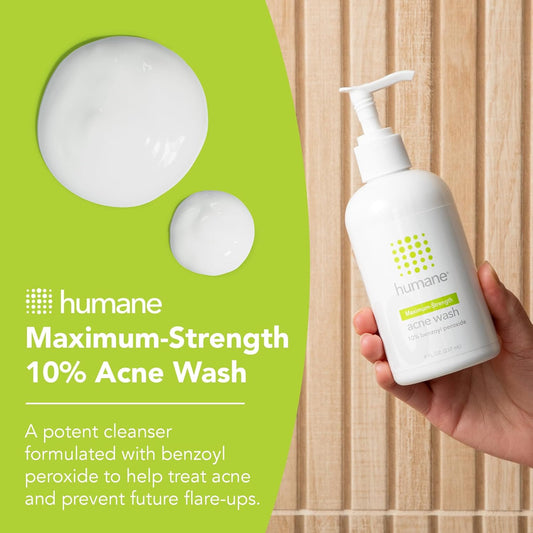 Humane Benzoyl Peroxide Acne Body Wash - 10% Maximum-Strength Face, Skin, Butt, And Back Acne Treatment - 8 Fl Oz - Dermatologist-Tested Non-Foaming Acne Face Wash Cleanser - Vegan, Cruelty-Free