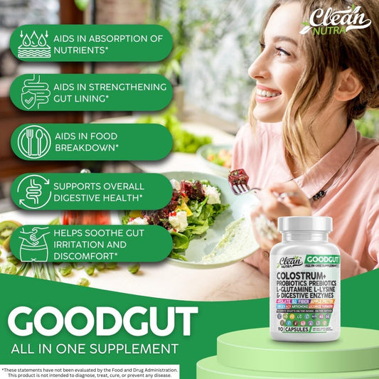 Clean Nutraceuticals Colostrum Supplement Capsules Probiotics Pills Prebiotics, L-Glutamine, Digestive Enzymes, Folate, Fiber, Acv, Turmeric, Apple Pectin And Turmeric Good Gut