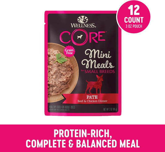 Wellness Core Natural Grain Free Small Breed Mini Meals Wet Dog Food, Pate Beef & Chicken Dinner, 3-Ounce Pouch (Pack Of 12)