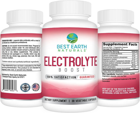 Best Earth Naturals Electrolyte Support Supplement - Support Electrolyte Balance With Vitamin D, Calcium, Magnesium, Sodium, Potassium, Boron And More - 30 Ct. Capsules