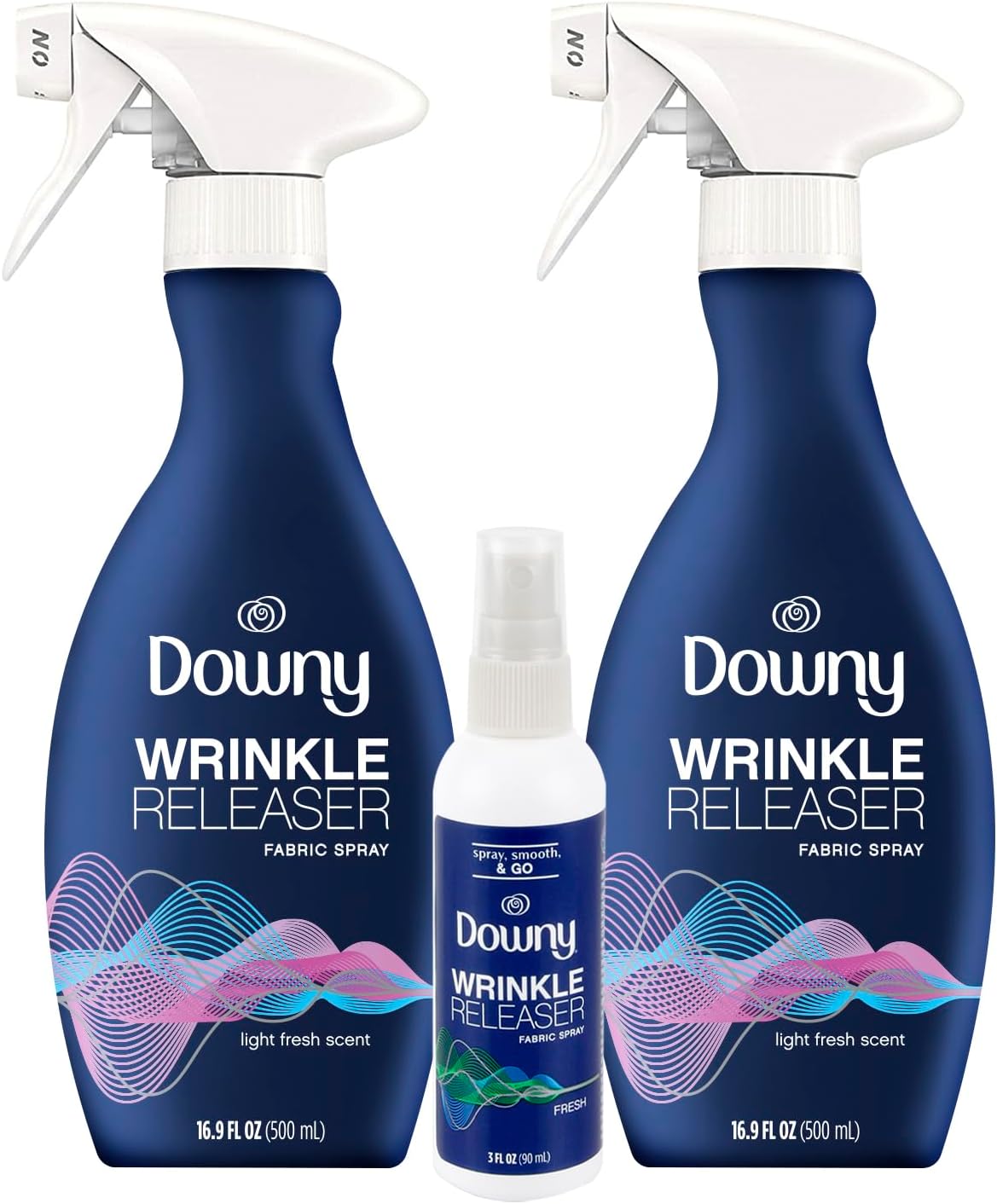 Downy Wrinkle Releaser Fabric Refresher Spray, Odor Eliminator, Ironing Aid and Anti Static Spray, Light Fresh Scent, 33.8 Fl Oz (Pack of 2) + Travel Size Spray