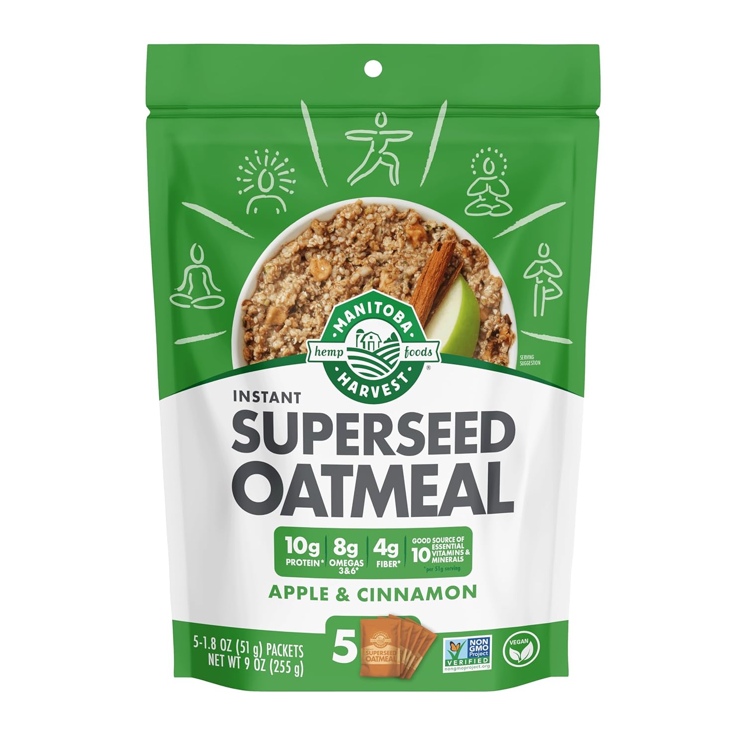 Manitoba Harvest Superseed Instant Oatmeal – 10G Protein, 4G Fiber & 8G Omega 3 And 6 Per Serving From Hemp Hearts, Whole Grain Rolled Oats, & Flax Seed – Apple & Cinnamon (6 Pack) 30 Packets Total